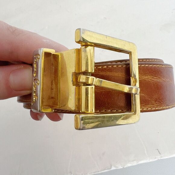 Pierre Cardin Vintage Cognac Brown Leather Skinny Belt Gold Hardware Size 34 - Picture 5 of 6